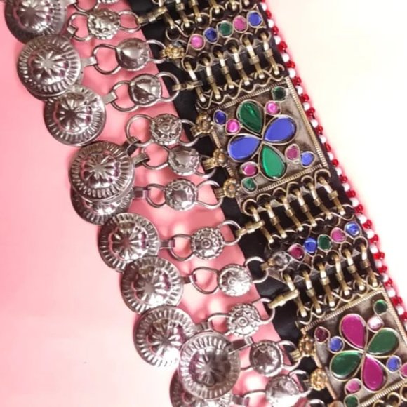 Multicolor Afghan Choker, Afghan Kuchi Glass Stones And Dangling Tassels Necklac - Picture 4 of 9